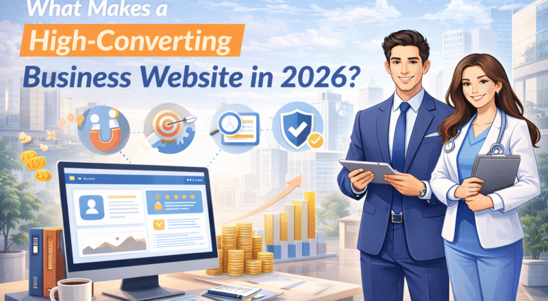 Illustration showing a high-converting business website design in 2026 with conversion-focused elements