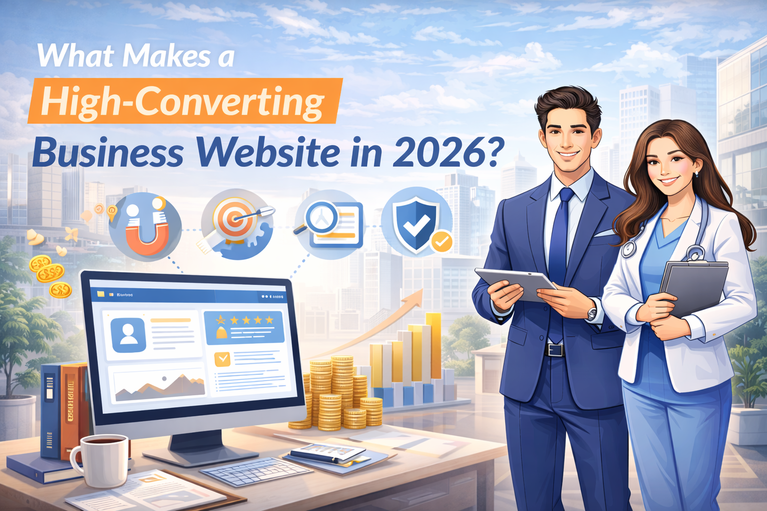 Illustration showing a high-converting business website design in 2026 with conversion-focused elements