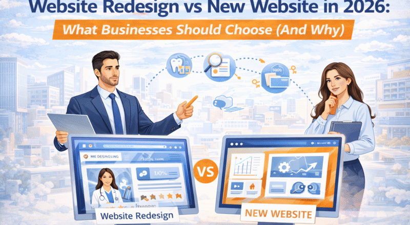 Illustration comparing website redesign vs new website decision for businesses in 2026