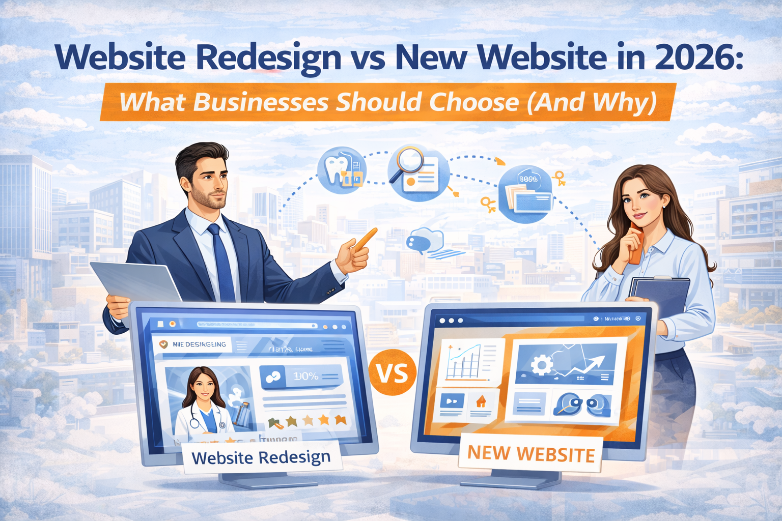 Illustration comparing website redesign vs new website decision for businesses in 2026