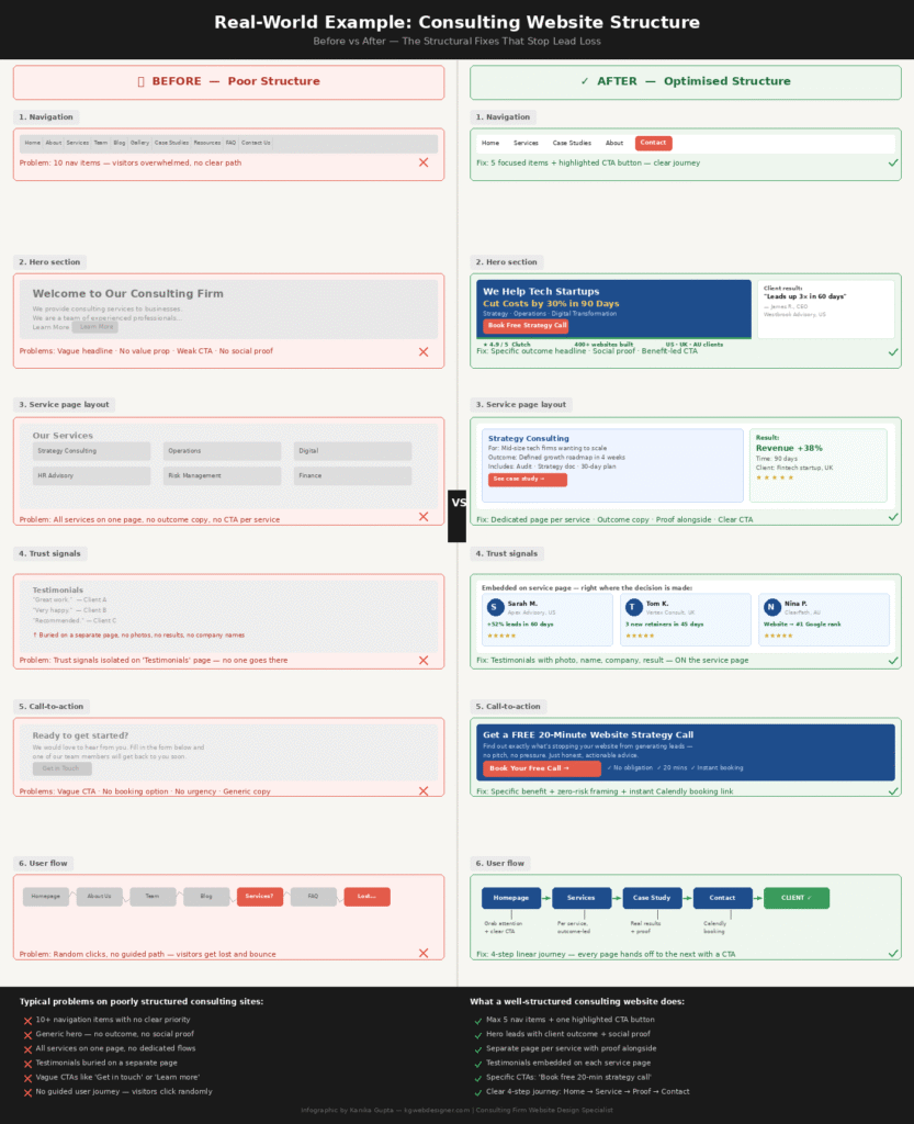 Consulting website structure before and after — 6 key fixes that stop lead loss in 202