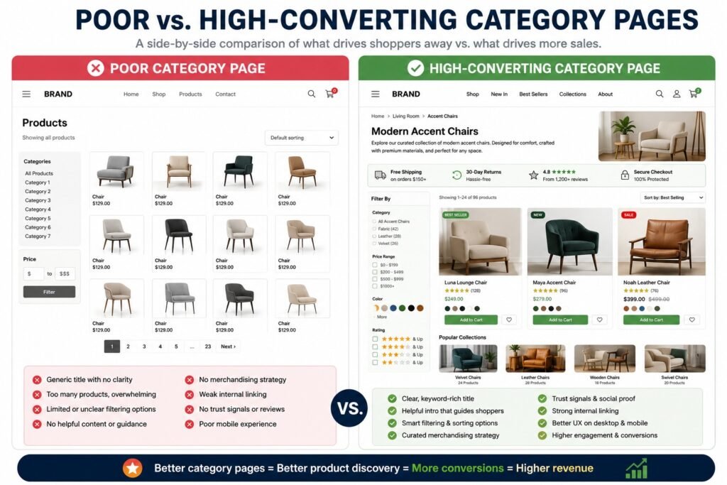 Comparison Graphic Poor vs. High-Converting Category Pages