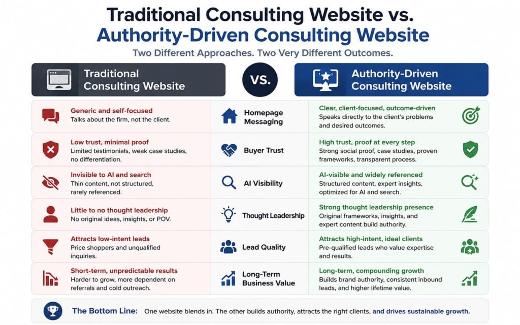 Traditional Consulting Website vs. Authority-Driven Consulting Website infographic