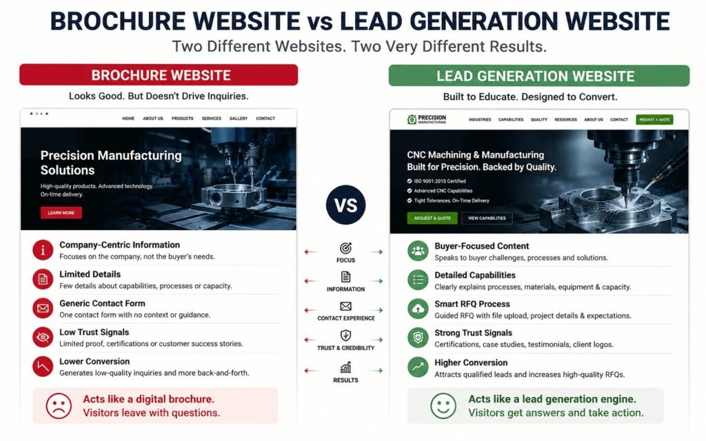 Brochure Website vs Lead Generation Website comparison infographic