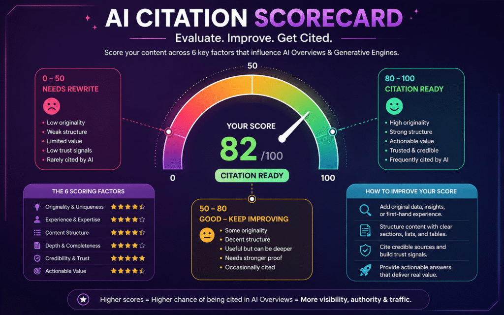 AI Citation Scorecard illustrating how to evaluate content quality, originality, structure and authority for modern AI-powered search.