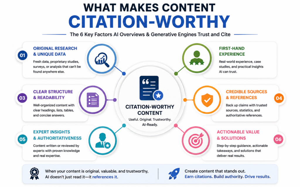 Infographic showing the key characteristics of content that is more likely to be referenced by AI-powered search systems, including original research, first-hand experience, expert insights and clear structure.