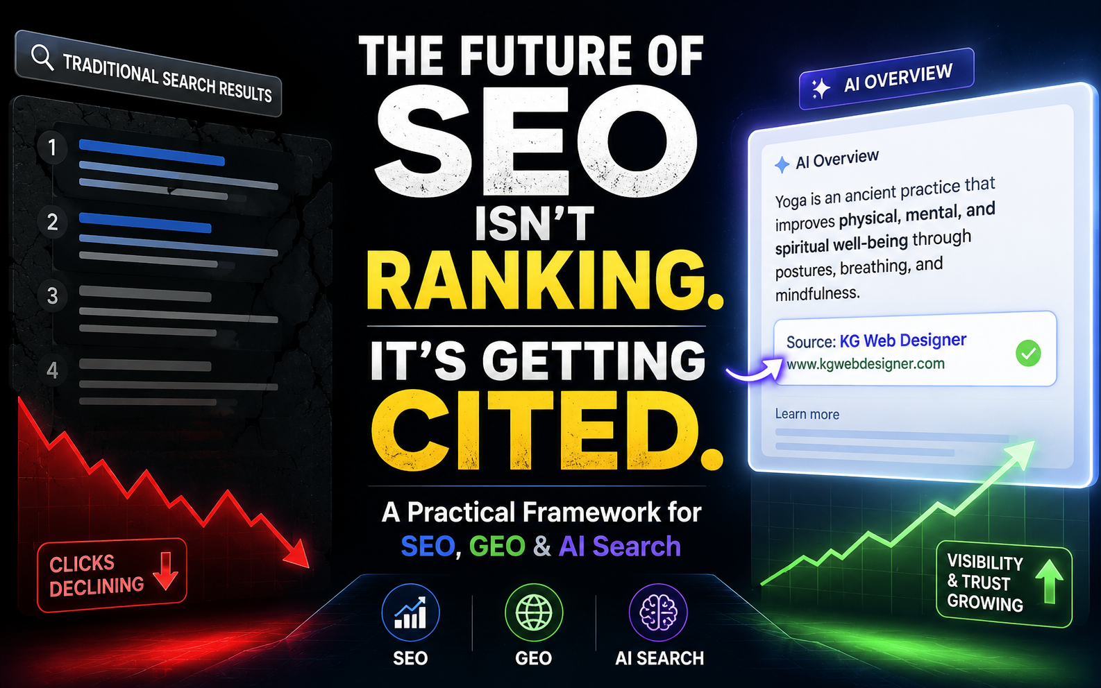 The Future of SEO Isn't Ranking. It's Getting Cited. Featured image for the AI Overview Rewrite Framework explaining how to optimize content for SEO, GEO, AEO and AI Search to earn citations instead of losing traffic