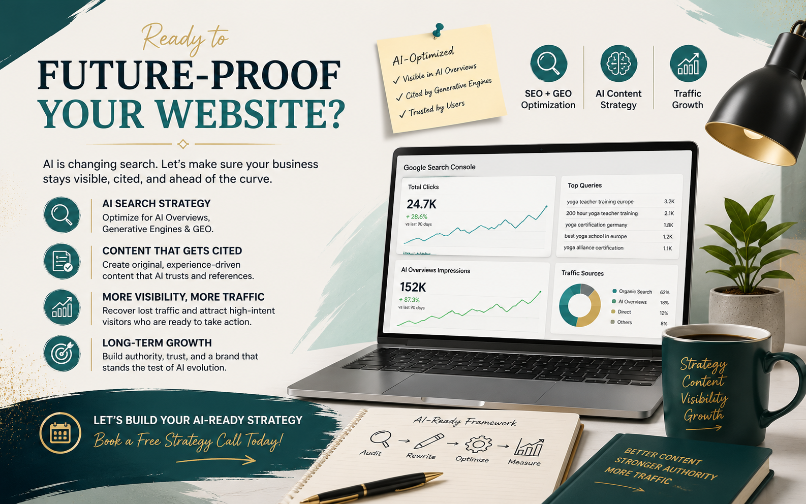 Website optimisation workspace illustrating AI search strategy, SEO, GEO and content improvement planning for long-term organic growth.