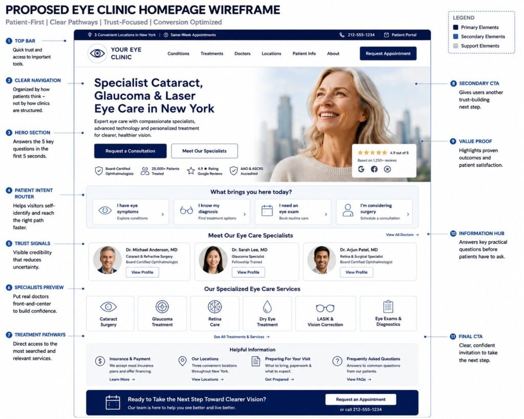 Eye Clinic Homepage Wireframe Blueprint infographic