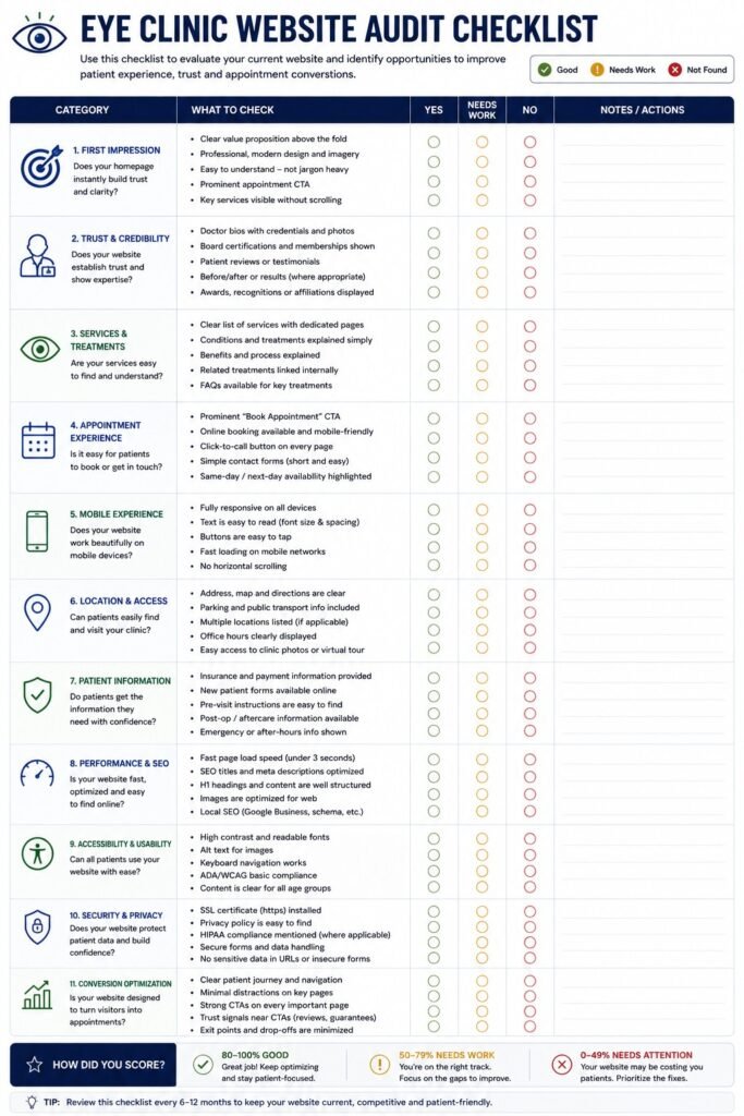 Eye Clinic Website Audit Checklist infographic