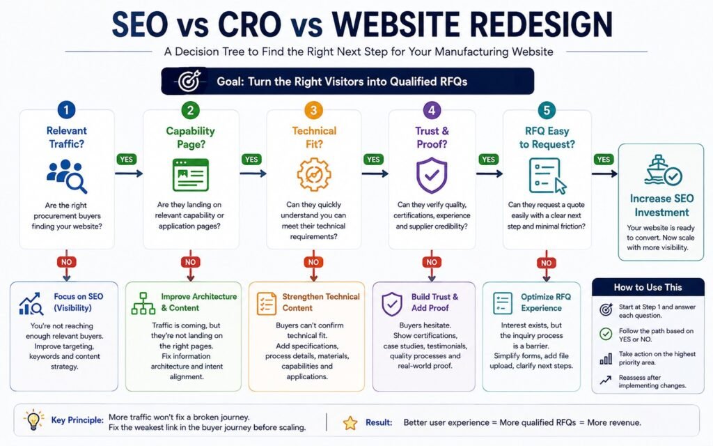 Manufacturing Website Growth Decision Tree infographic