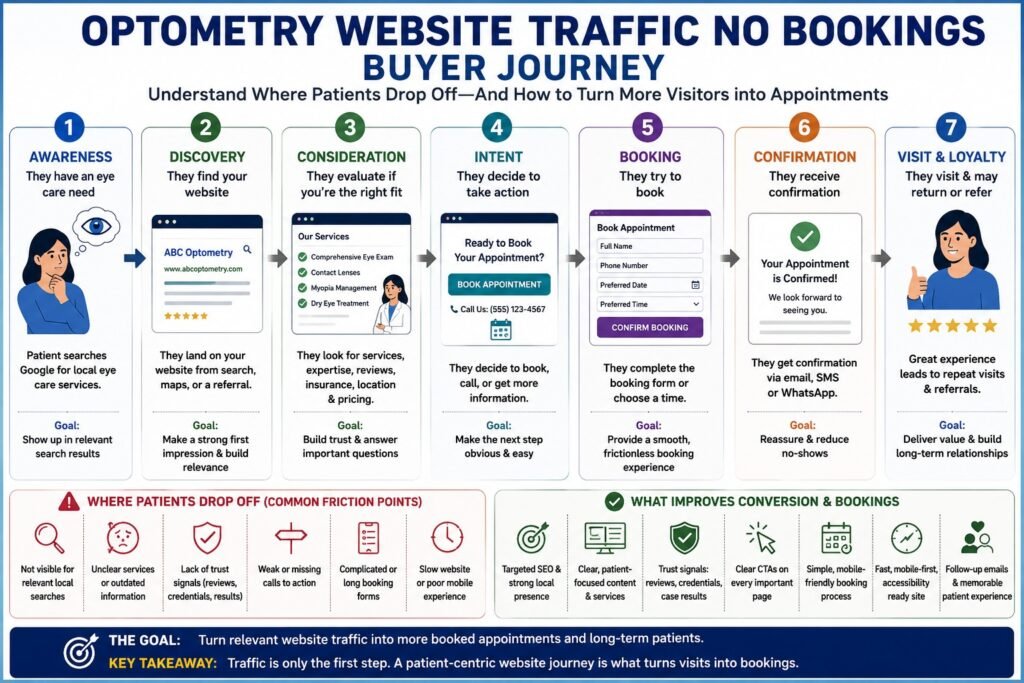 Optometry buyer journey for optometry website traffic no bookings