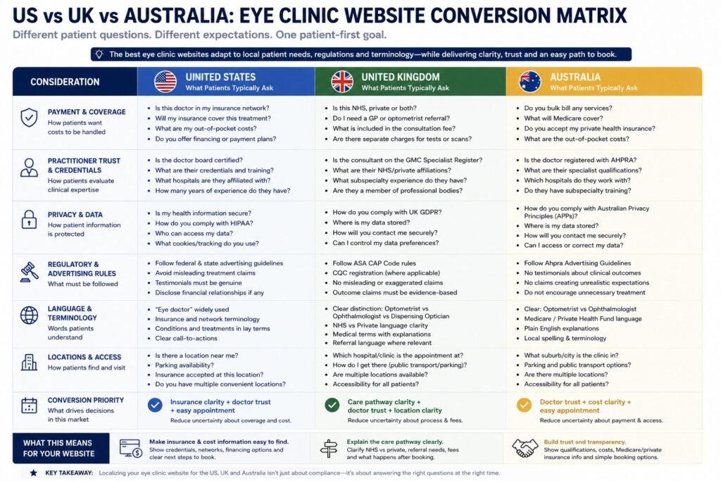 US vs UK vs Australia Eye Clinic Website Matrix infographic