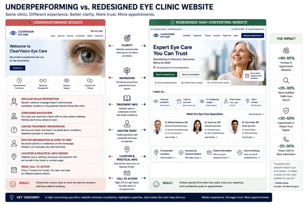 Underperforming vs Redesigned Eye Clinic Website infographic