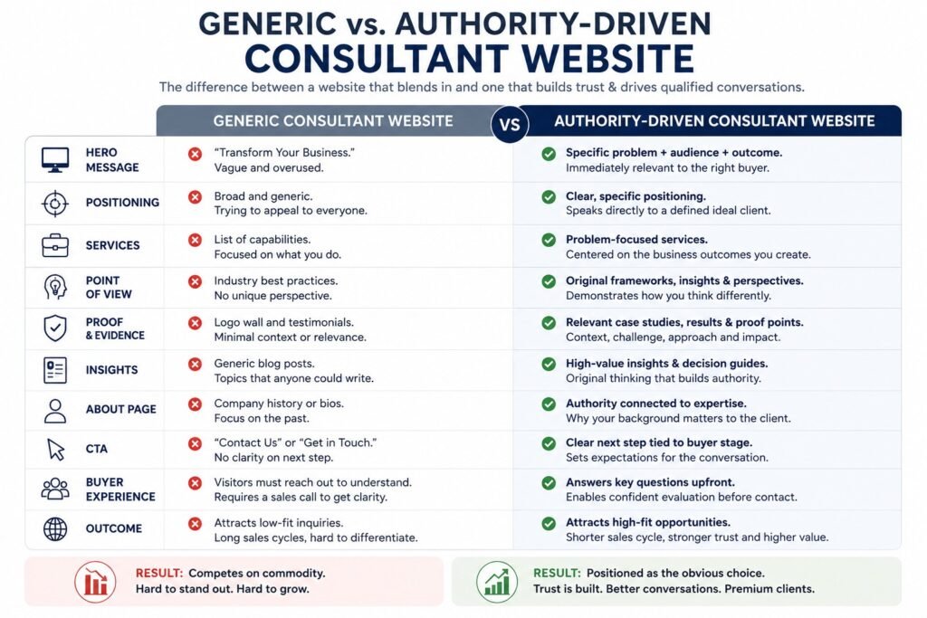 Generic vs. Authority-Driven Consultant Website infographic