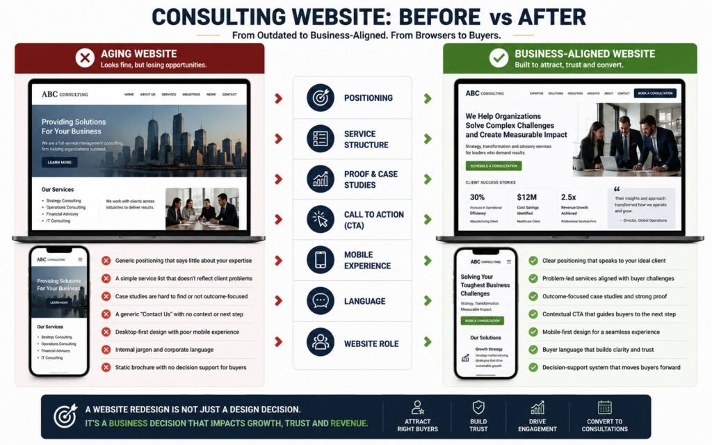 Before and after comparison of an outdated and business-focused consulting website