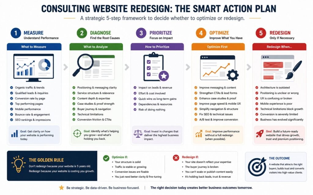 Action plan for deciding whether to optimize or redesign a consulting website
