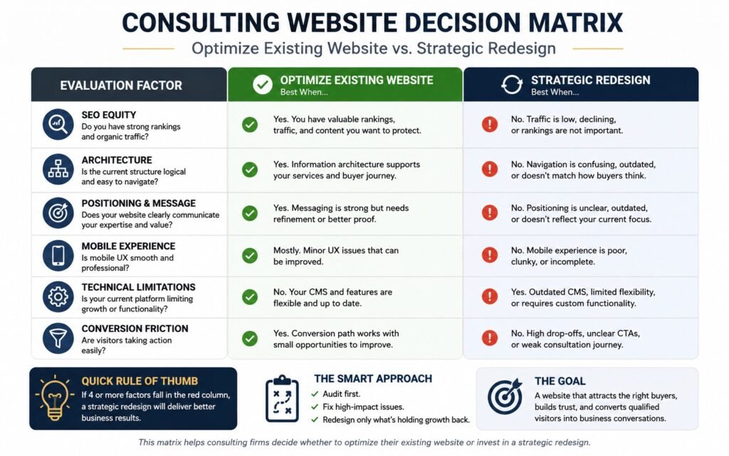 Decision matrix for choosing consulting website optimization or redesign