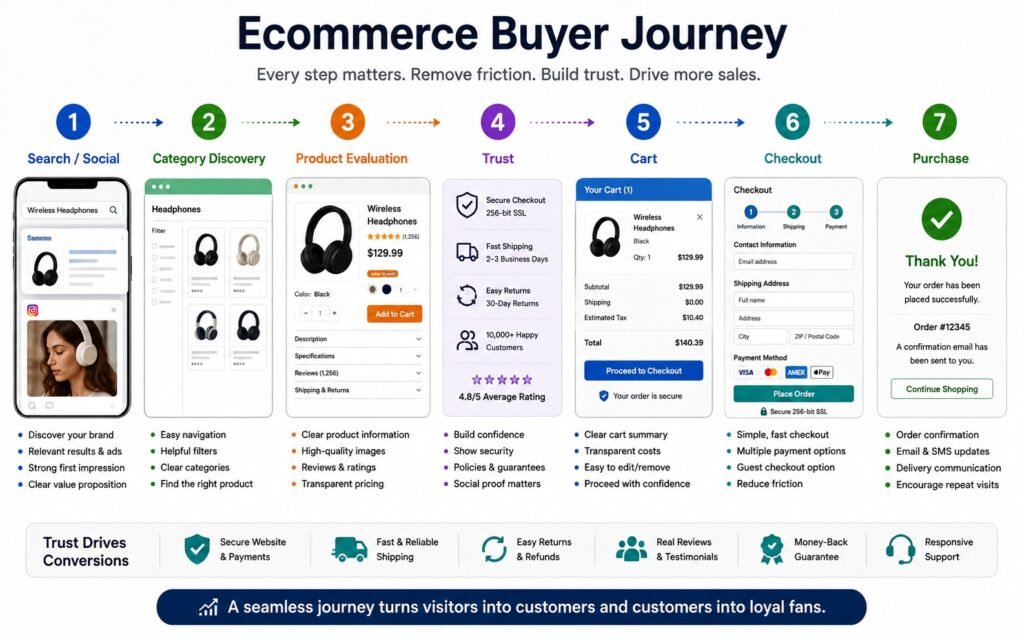 Ecommerce buyer journey from product discovery and evaluation to checkout and purchase