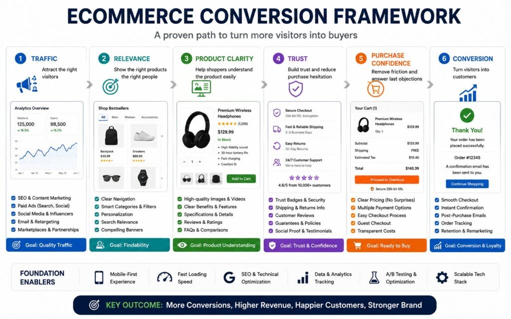 Ecommerce conversion framework from traffic and product
relevance to trust and purchase