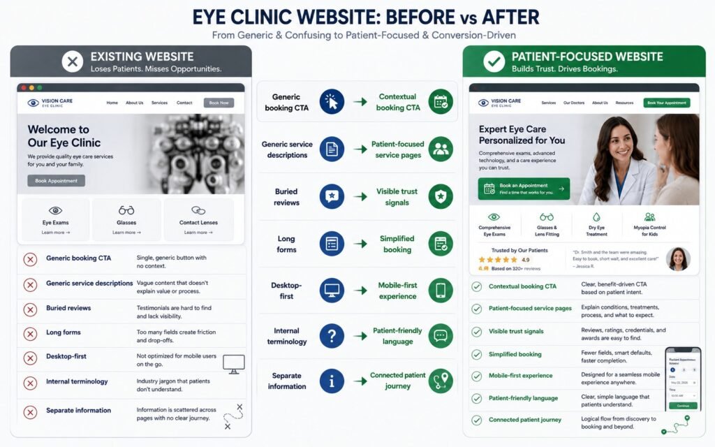 Before and after comparison of eye clinic booking UX
