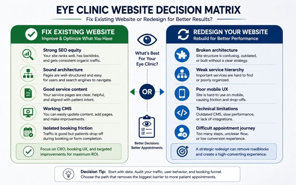 Decision matrix for deciding whether an eye clinic needs a redesign or better booking UX