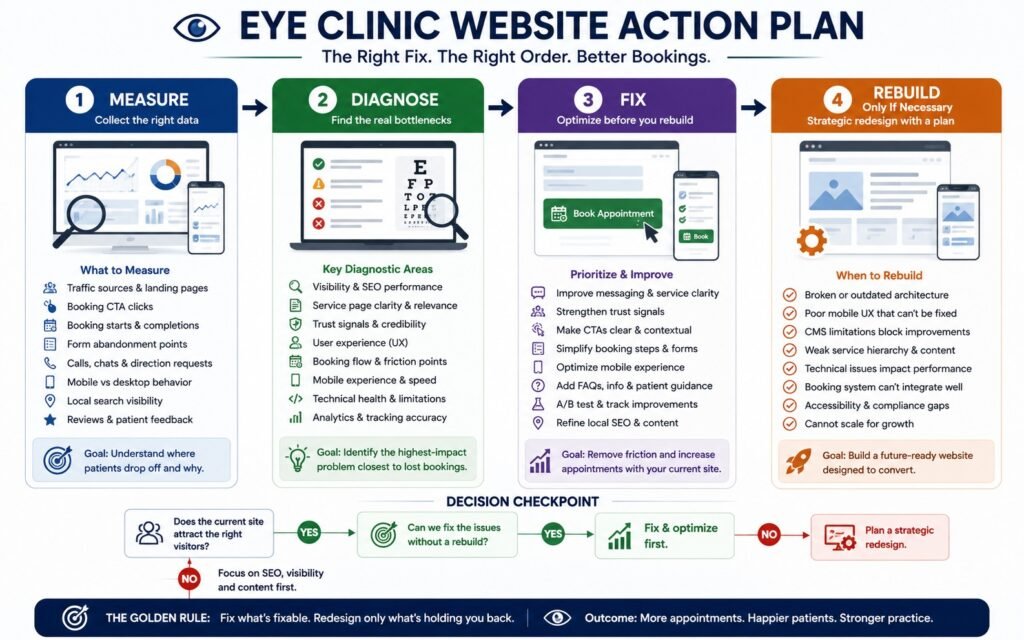 Action plan for deciding between eye clinic website redesign and booking UX optimization