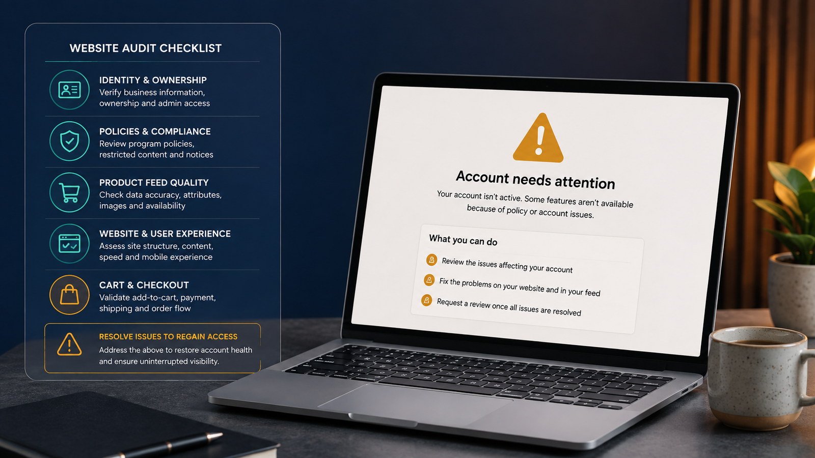 Website audit checklist for a Google Merchant Center misrepresentation suspension.