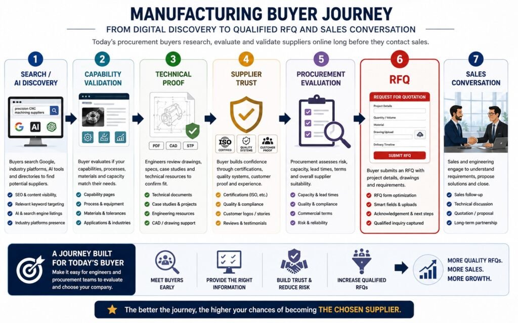Manufacturing procurement buyer journey from search and technical validation to RFQ and sales conversation