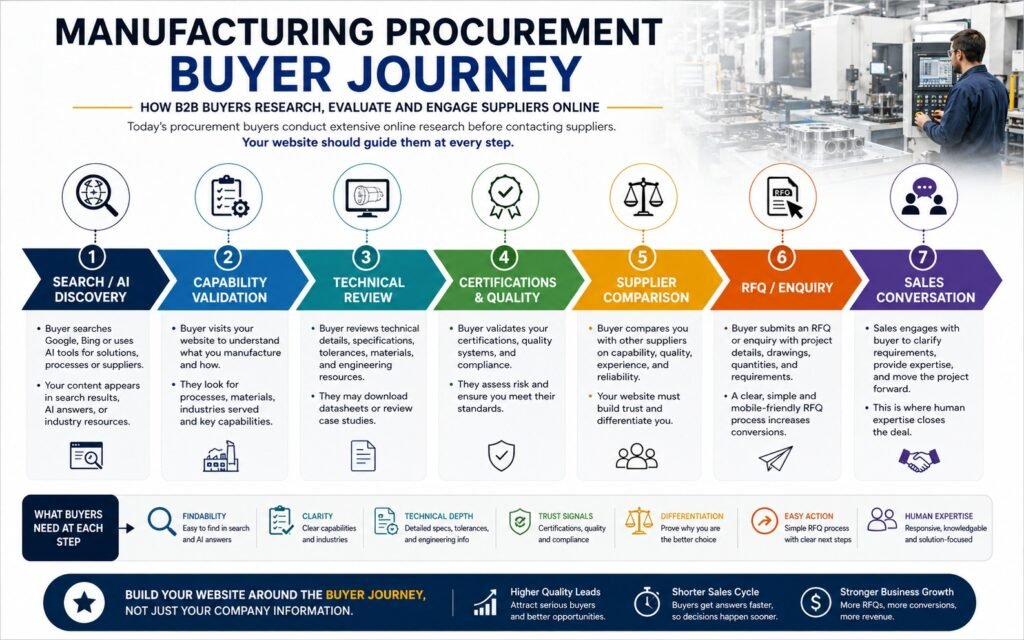 Manufacturing procurement buyer journey from website discovery to RFQ