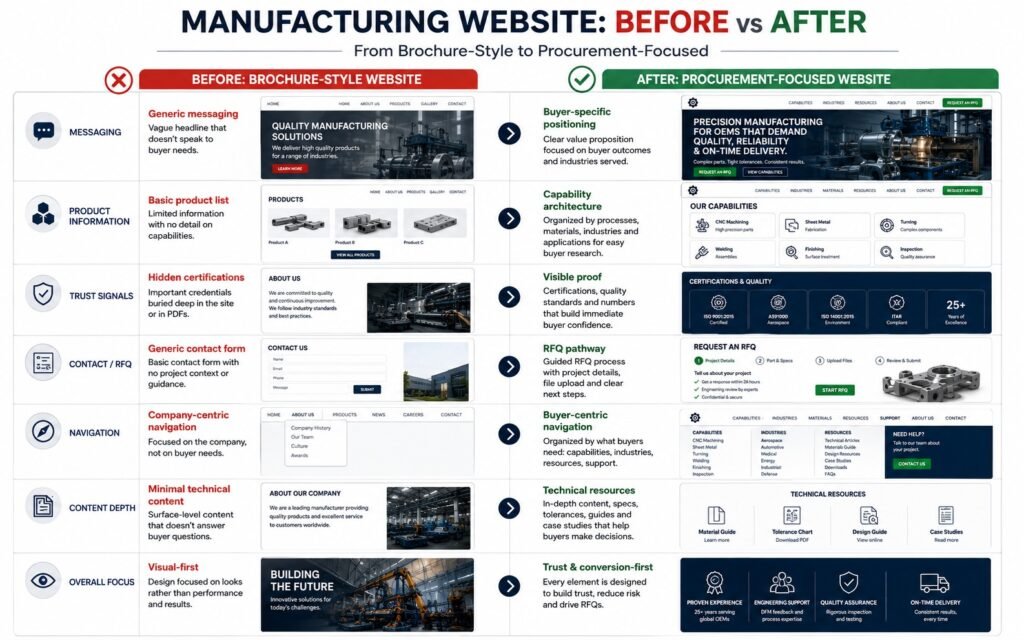 Before and after comparison of a manufacturing website redesign