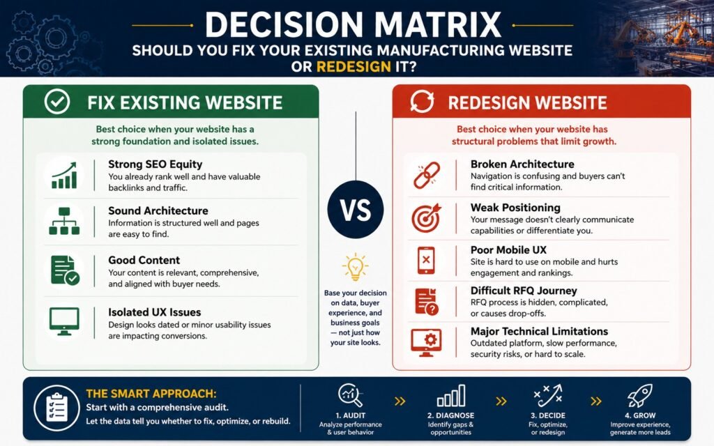 Decision matrix for fixing or redesigning a manufacturing website