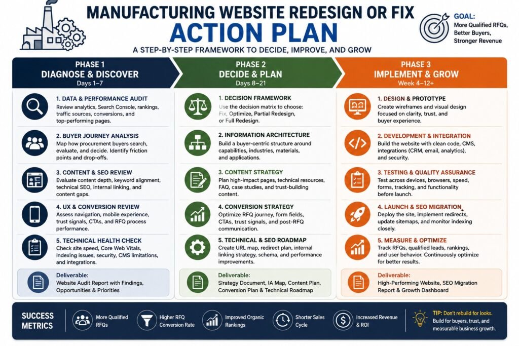 Manufacturing action plan for manufacturing website redesign