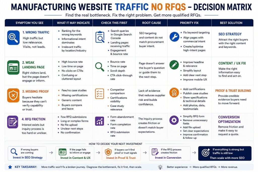 Manufacturing decision matrix for manufacturing website traffic no RFQs