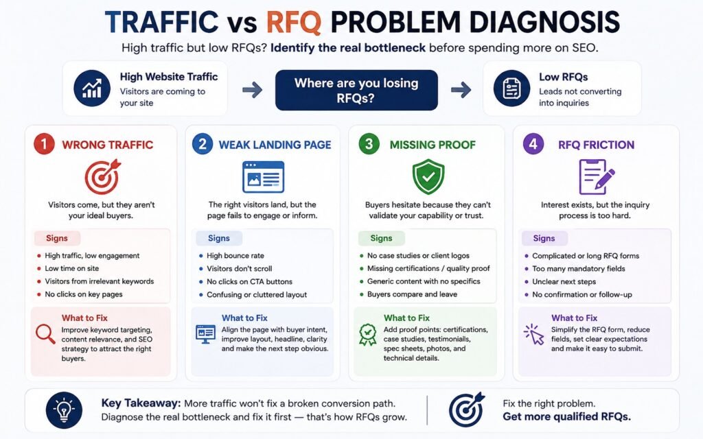 Manufacturing diagnostic framework for manufacturing website traffic no RFQs