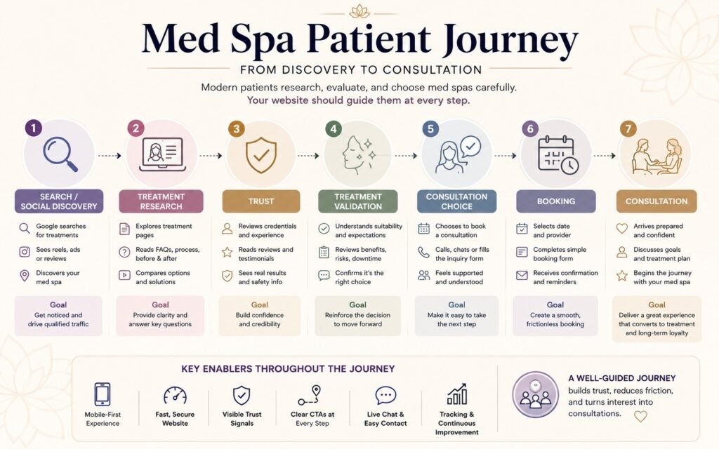 Med spa patient journey from treatment discovery to consultation booking