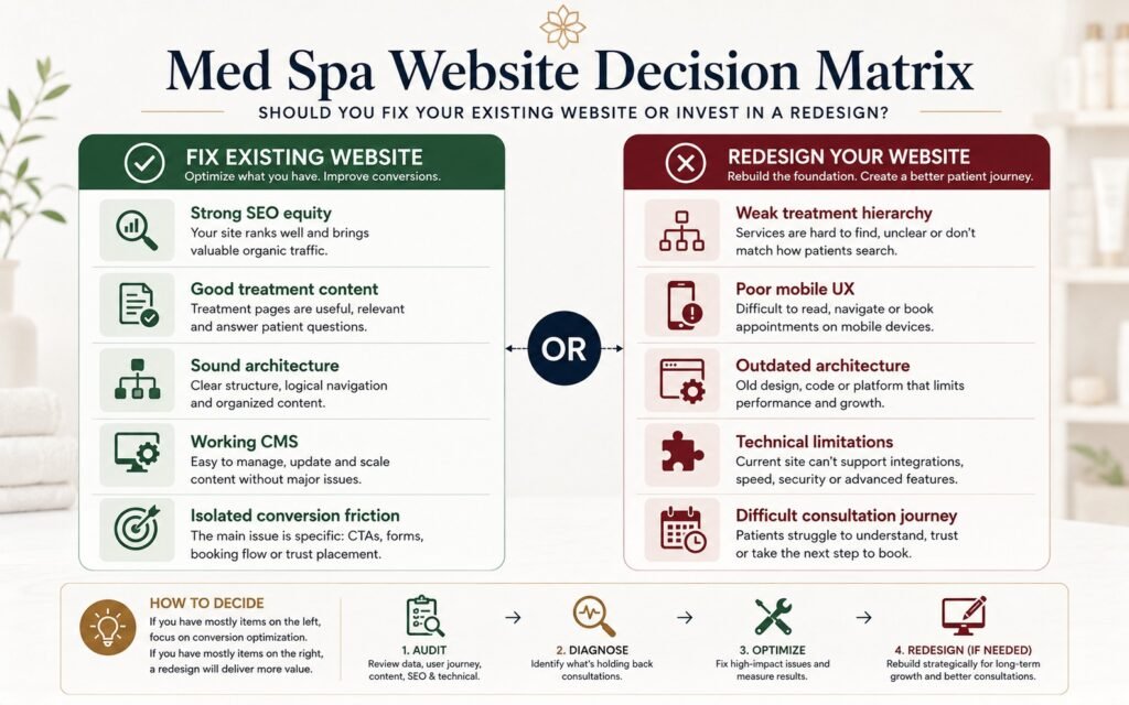 Decision matrix for deciding whether a med spa needs a redesign or conversion optimization