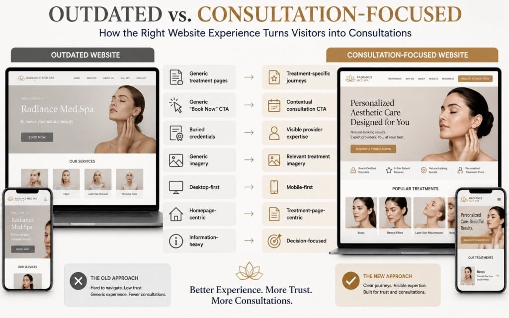 Before and after comparison of an outdated and consultation-focused med spa website