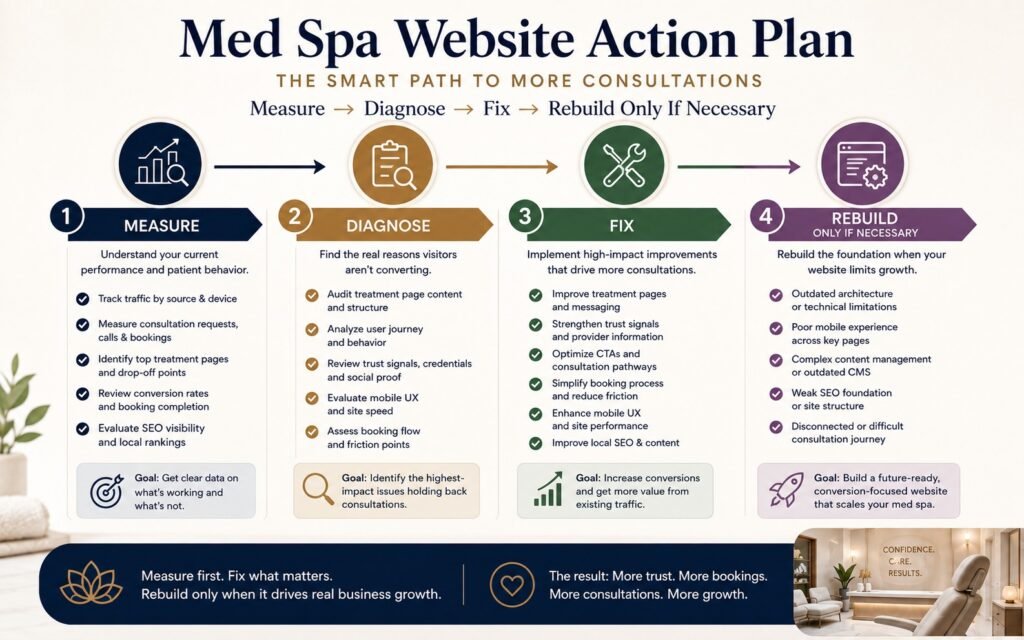 Action plan for deciding whether a med spa website needs redesign or conversion improvements
