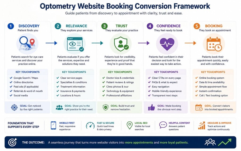 Optometry website conversion framework from patient discovery to appointment booking