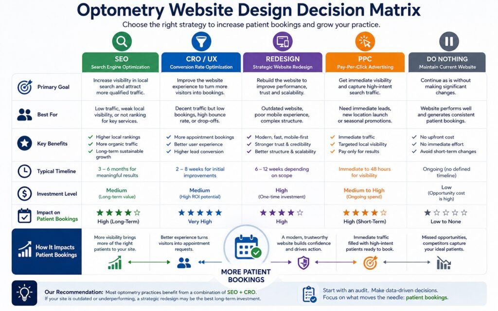 Decision matrix for choosing SEO, CRO, PPC or redesign for an optometry website