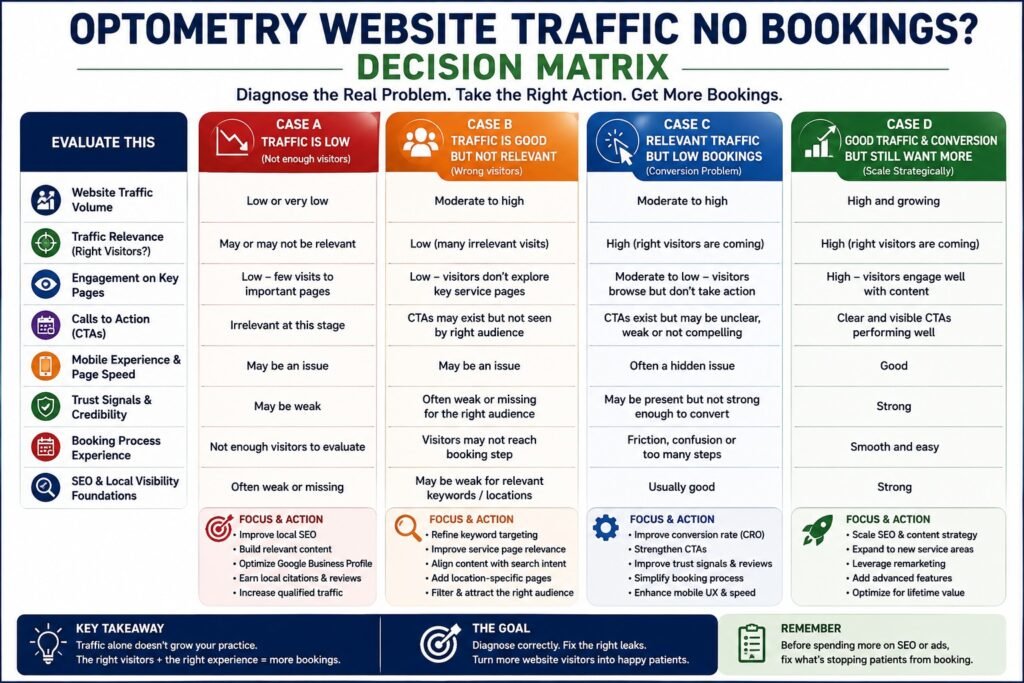 Optometry decision matrix for optometry website traffic no bookings