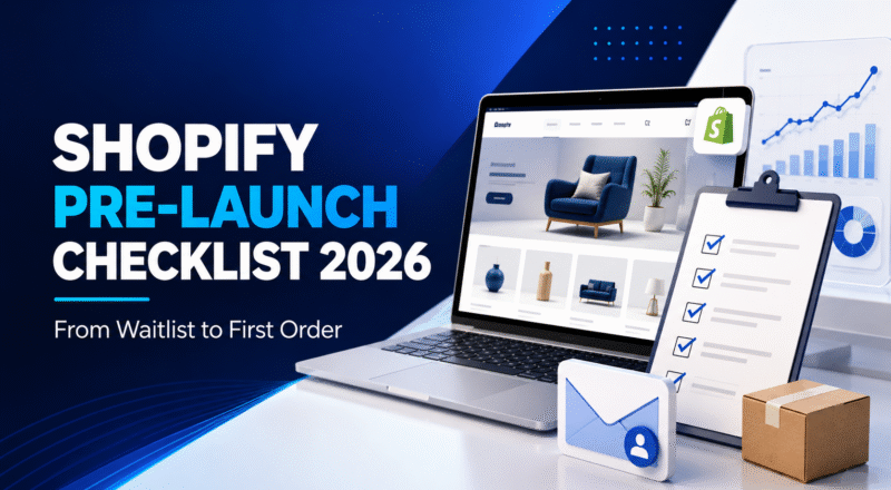 Shopify pre-launch checklist showing ecommerce store testing, waitlist email, analytics and order readiness