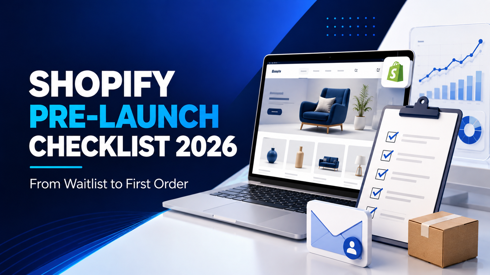 Shopify pre-launch checklist showing ecommerce store testing, waitlist email, analytics and order readiness