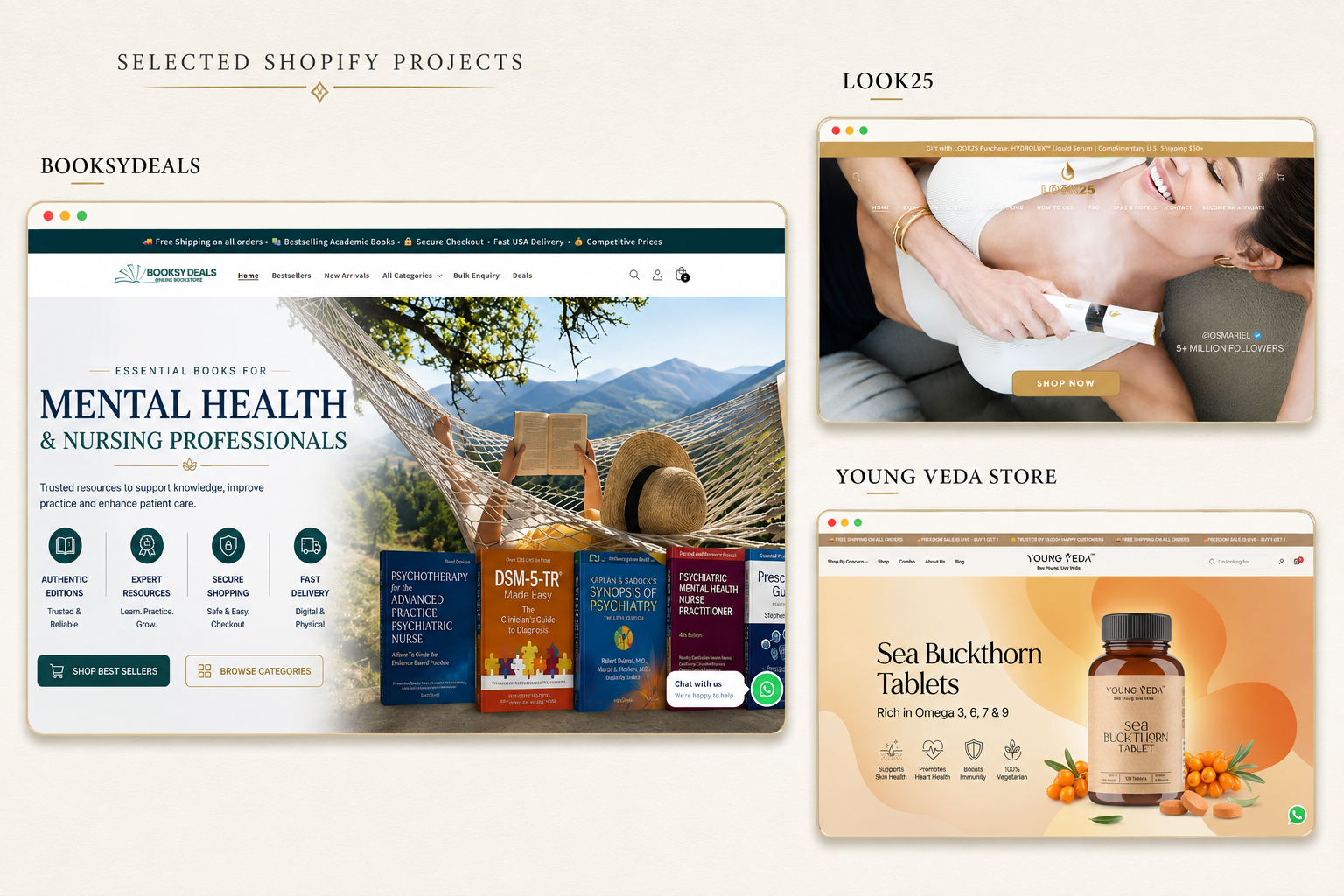 BooksyDeals, LOOK25 and Young Veda Store Shopify websites designed by KG Web Designer
