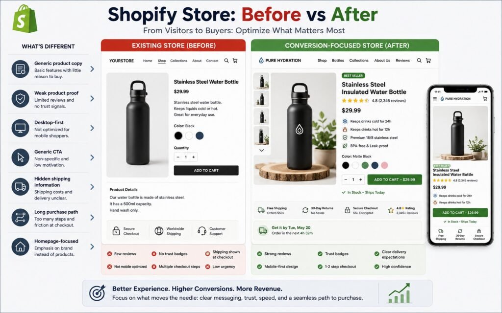 Before and after comparison of Shopify store conversion optimization