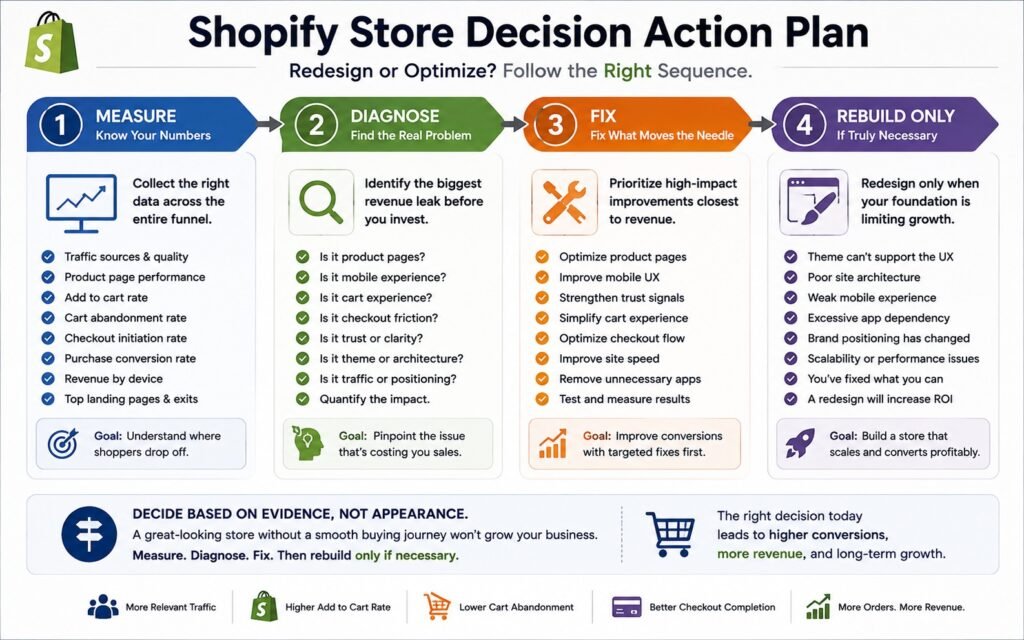Action plan for deciding whether to redesign a Shopify store or optimize product pages