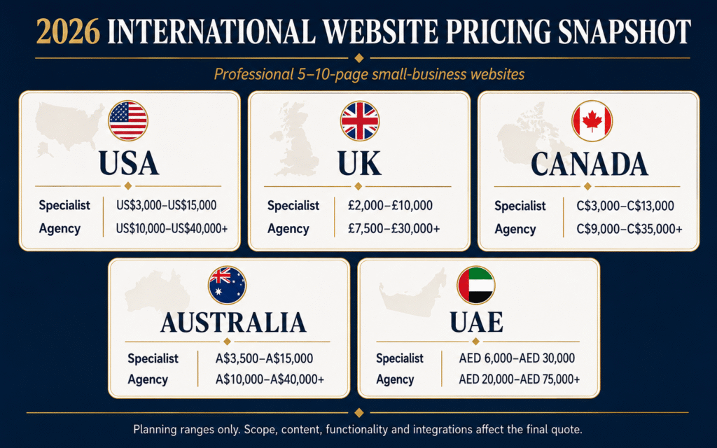 Small-business website pricing comparison for USA, UK, Canada, Australia and UAE in 2026