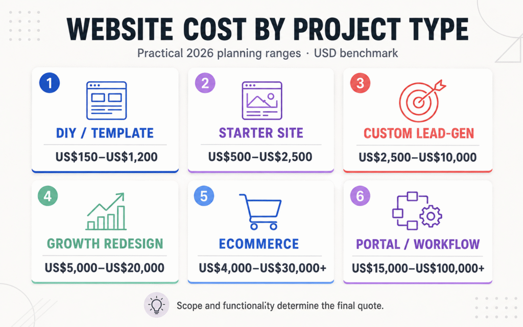 Small-business website cost by project type in 2026