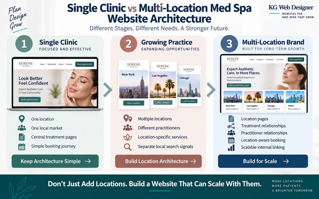 Single Clinic vs Multi-Location Med Spa Website Architecture infographic
